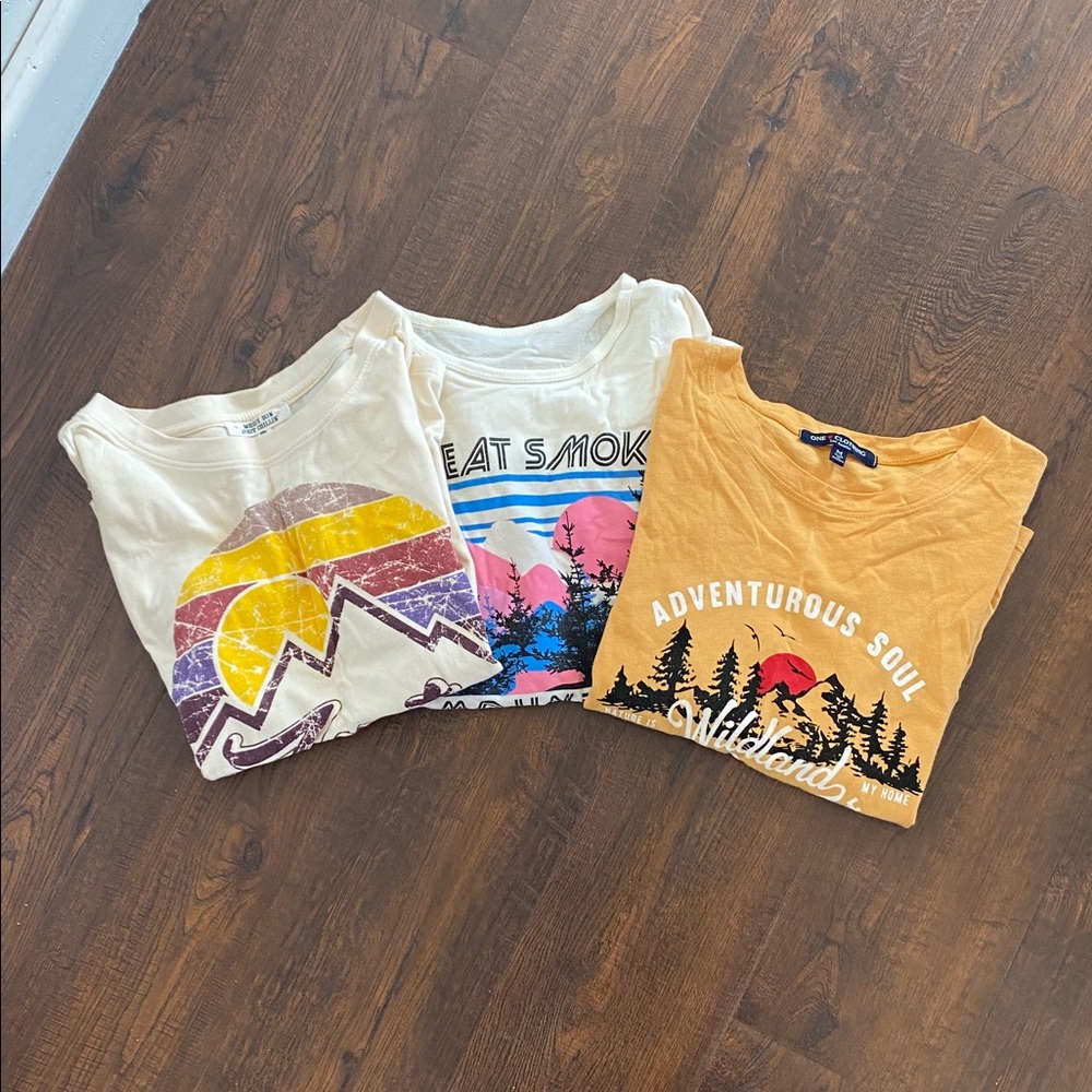 3 Graphic Tee’s Texas Tennessee & Wild-land Mountains Adventure Cream & Yellow